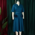 thumbnail image 5 of AURA Plus Size Summer V Neck A Line Midi Dress High Waist Short Sleeve Elegant African Work Dress with Belt, 5 of 10