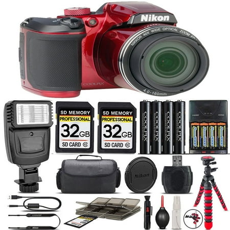 Nikon COOLPIX B500 Digital 40x Zoom Camera RED + Flash + 64GB Storage + Case