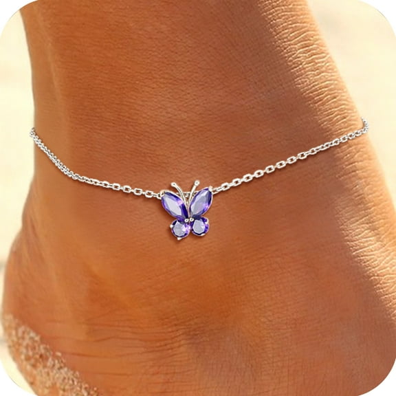 U7 Sterling Silver Anklet for Women Butterfly February Birthstone Foot Bracelet Summer Beach Holiday Jewelry Gift for Her Daughter Birthday