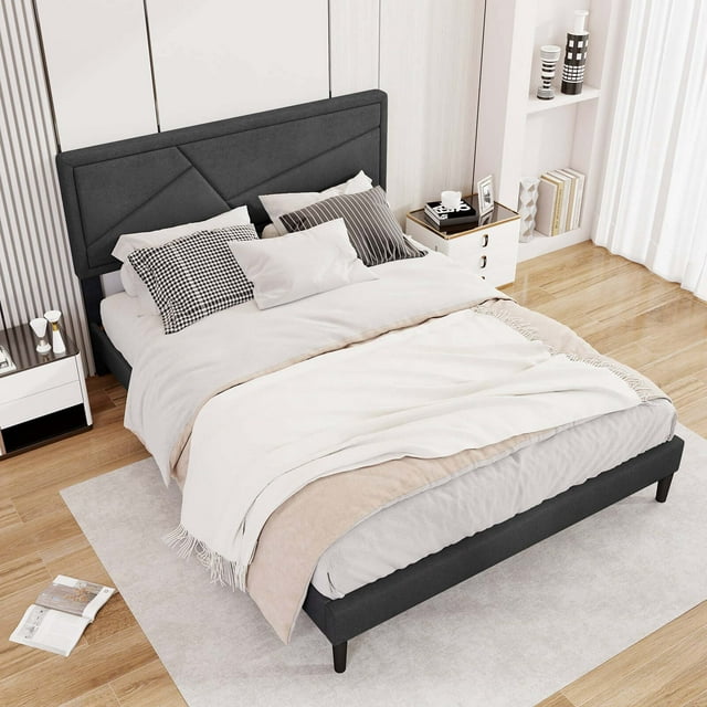 Costway Queen Size Bed Frame with High Headboard & Wooden Slats No Box Spring Needed