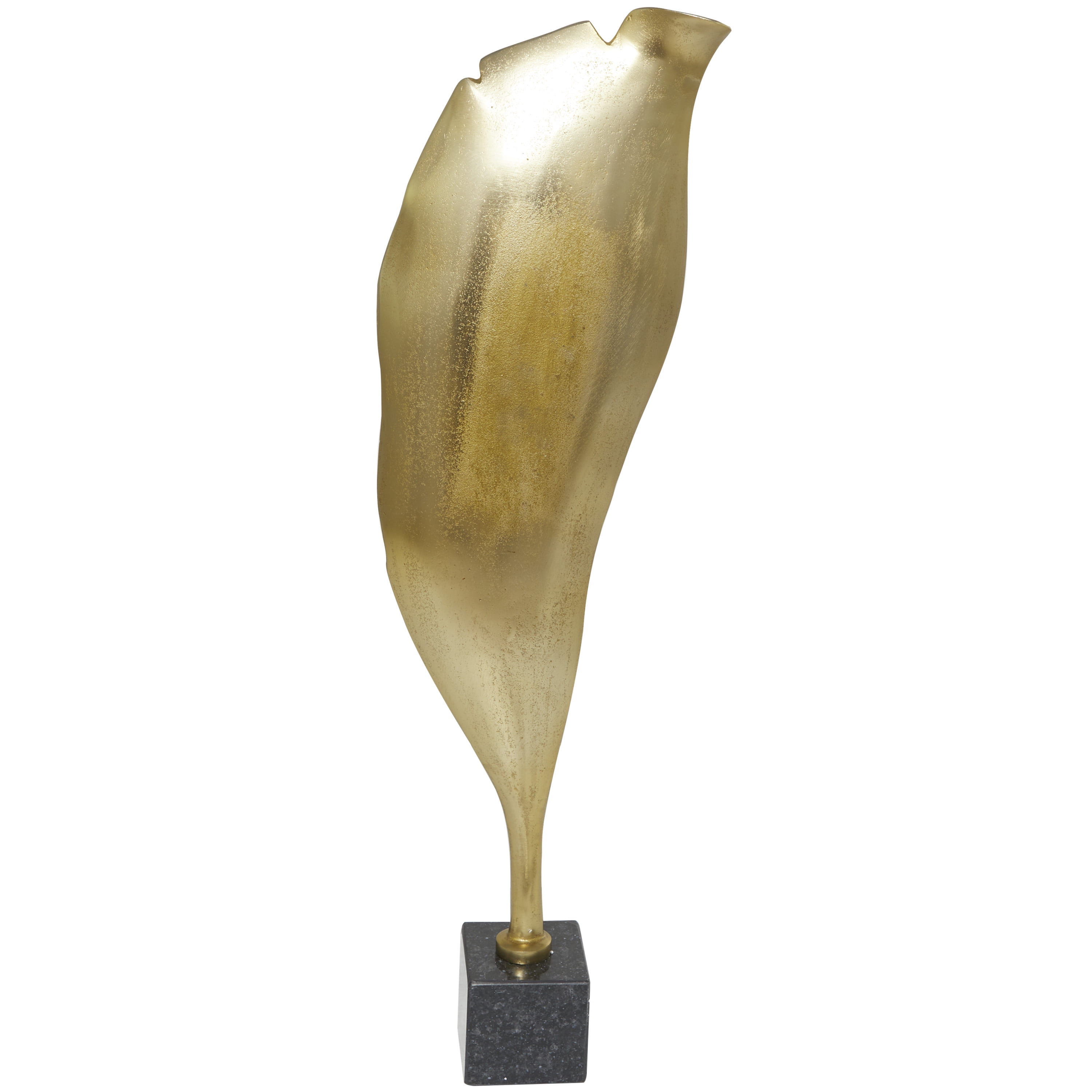 11" x 36" Gold Aluminum Textured Leaf Abstract Sculpture with Black Marble Base, by DecMode