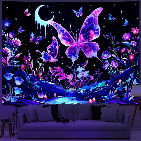 Blacklight Butterfly Tapestry UV Reactive Floral Plant Tapestries Trippy Nature Landscape Wall Tapestries Mysterious Starry Night Sky Tapestry Wall Hanging for Bedroom Decor