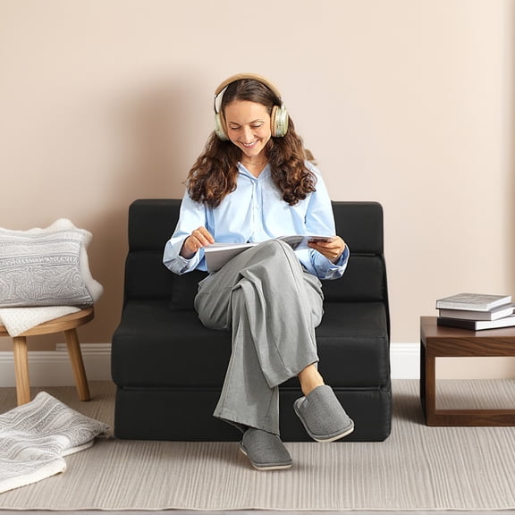 Yardi Yarda Folding Chair Bed, Sofa Bed with Pillow, Modern Linen Sleeper Sofa Bed for Indoor, Black