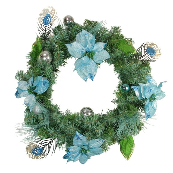 Northlight 24" Blue/Silver Peacock Poinsettia Artificial Christmas Wreath