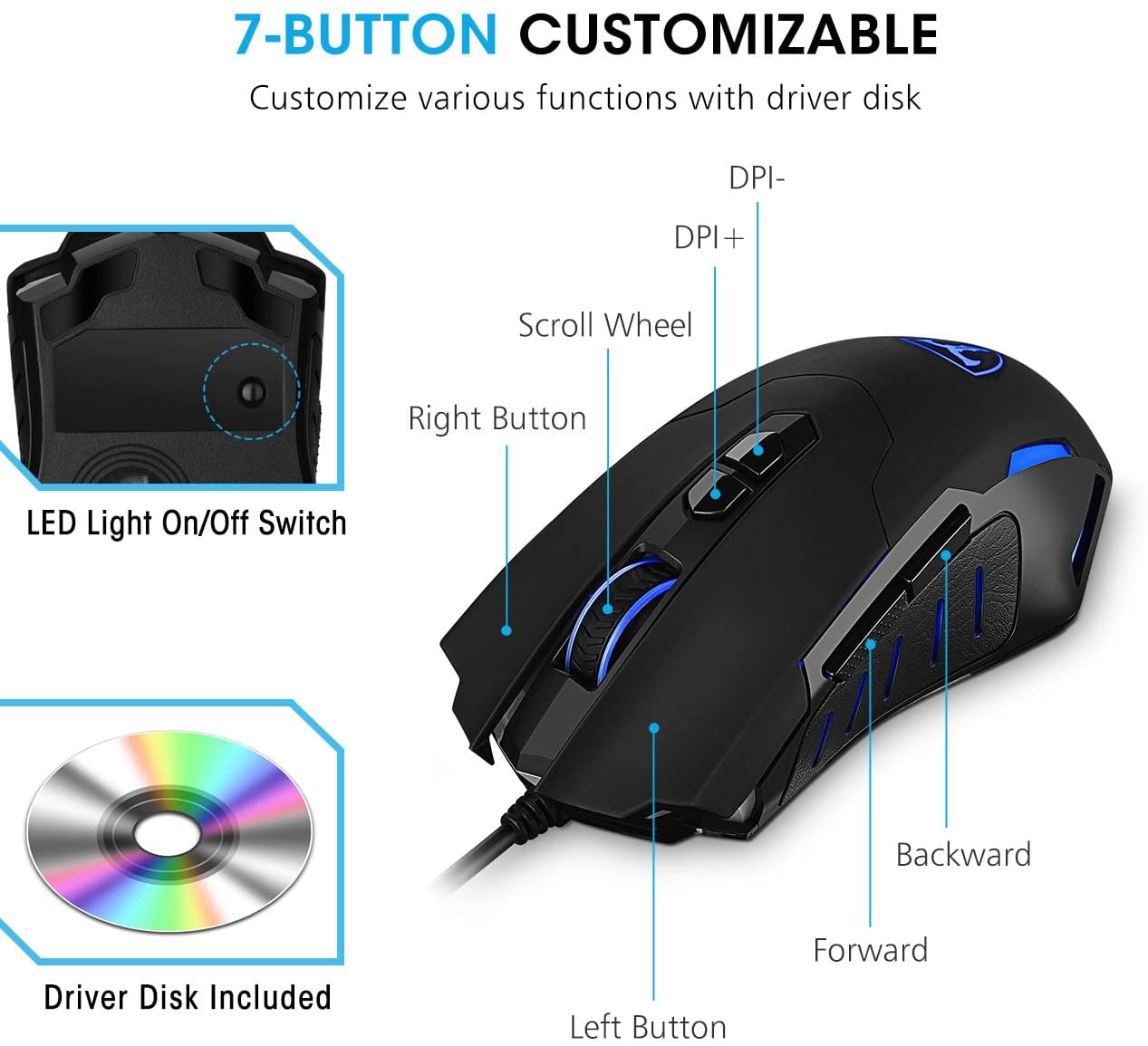 Gaming Mouse Wired 7200 DPI Programmable Breathing Light Ergonomic USB Computer 