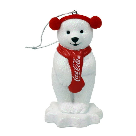 Coca Cola Polar Bear Cub with Ear Muffs Rosy Red 4 inch Acrylic Christmas Ornament