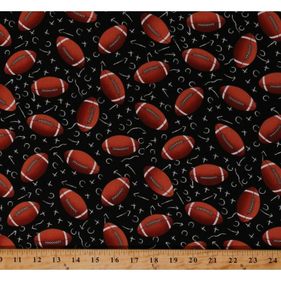 Cotton Footballs Allover on Black Sports Play Diagrams Balls Athlete Cotton Fabric Print by the Yard (SPORT-C1228-BLACK)