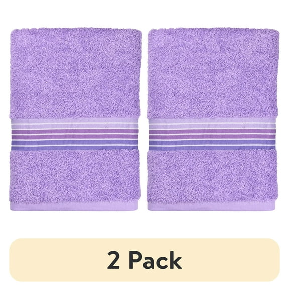 (2 pack) Mainstays Basic Bath Towel, Soft 100% Cotton and Highly Absorbent Striped Bath Towel, Purple