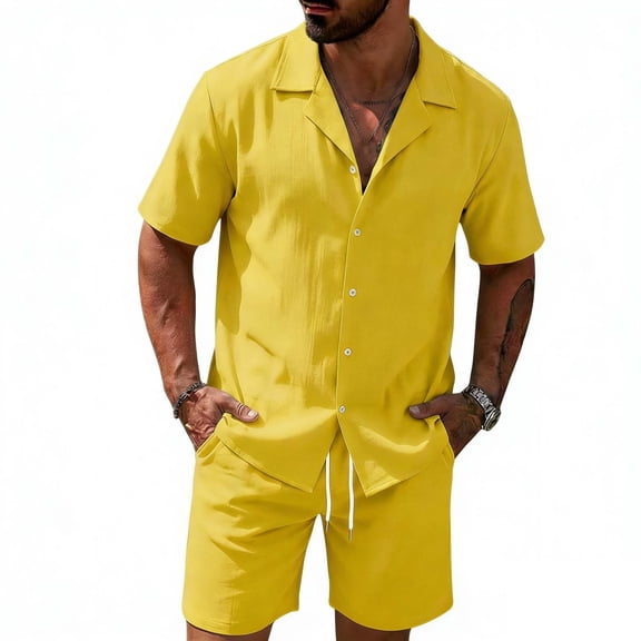 Eryao Men's Beach Outfit Set Two Piece Button Down Short Sleeve Blouses and Elastic Waist Drawstring Shorts with Pockets Summer Vacation Linen Sets,Yellow,L