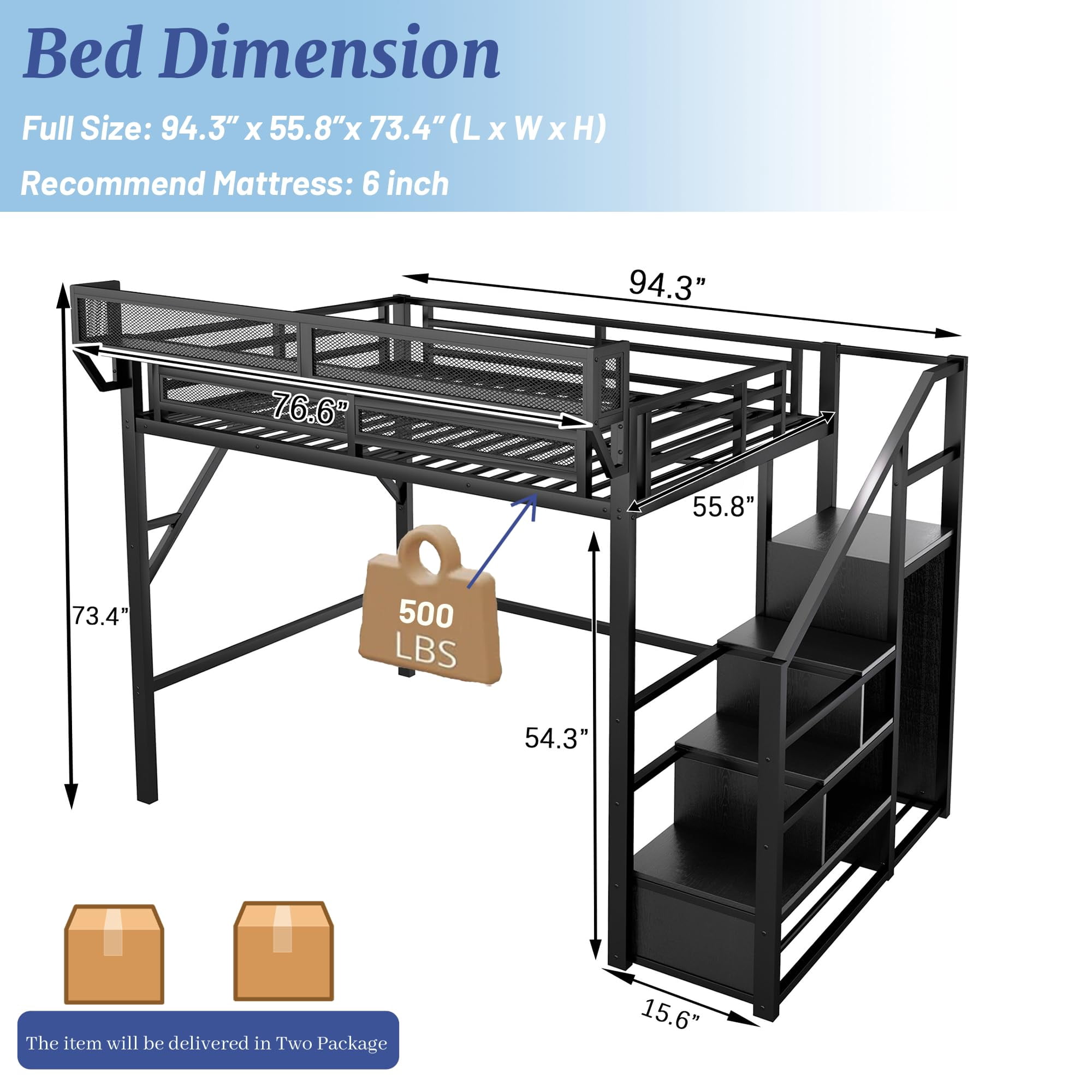 Mirightone Full Size Loft Bed with Stairs, Metal Loft Beds Full with Storage Shelves, Adults Loft Bed with Wardrobe, Heavy Duty High Lofted Bed,Convertible Staircase, All black