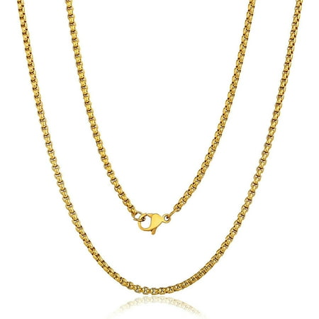 Hermah 2mm Thin Mens Boys Chain Womens Round Box Link Stainless Steel Necklace 18-24inch