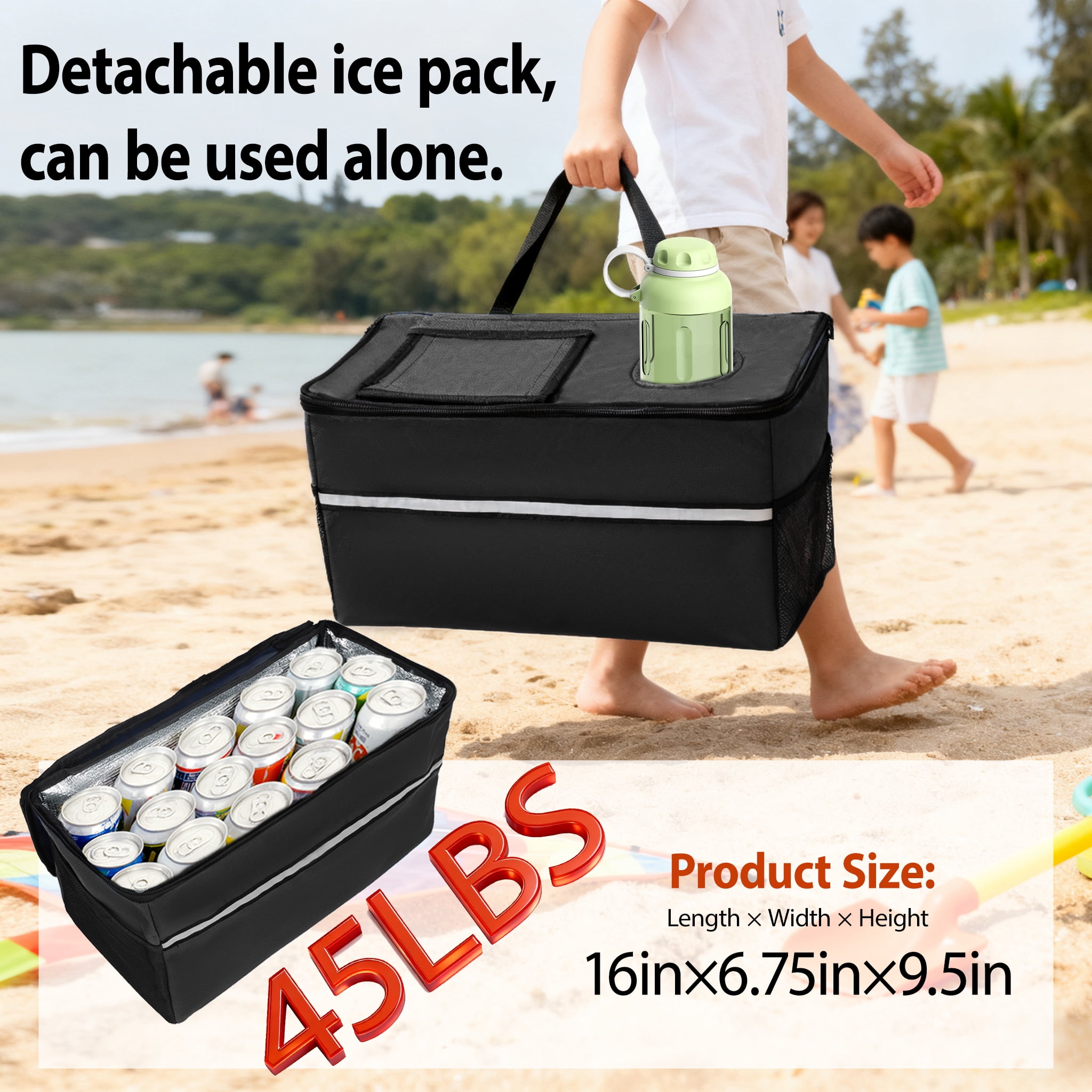 3-in-1 Folding Wagon with Bench Seat, Patent Protected, 500lbs Capacity, 9"x4" All-Terrain Beach Tires, Includes 1 Ice Pack, Black for Camping Beach Groceries Outdoor
