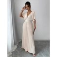 thumbnail image 3 of Apricot Deep V-Neck Pleated Maxi Dress With Short Sleeves, 3 of 6