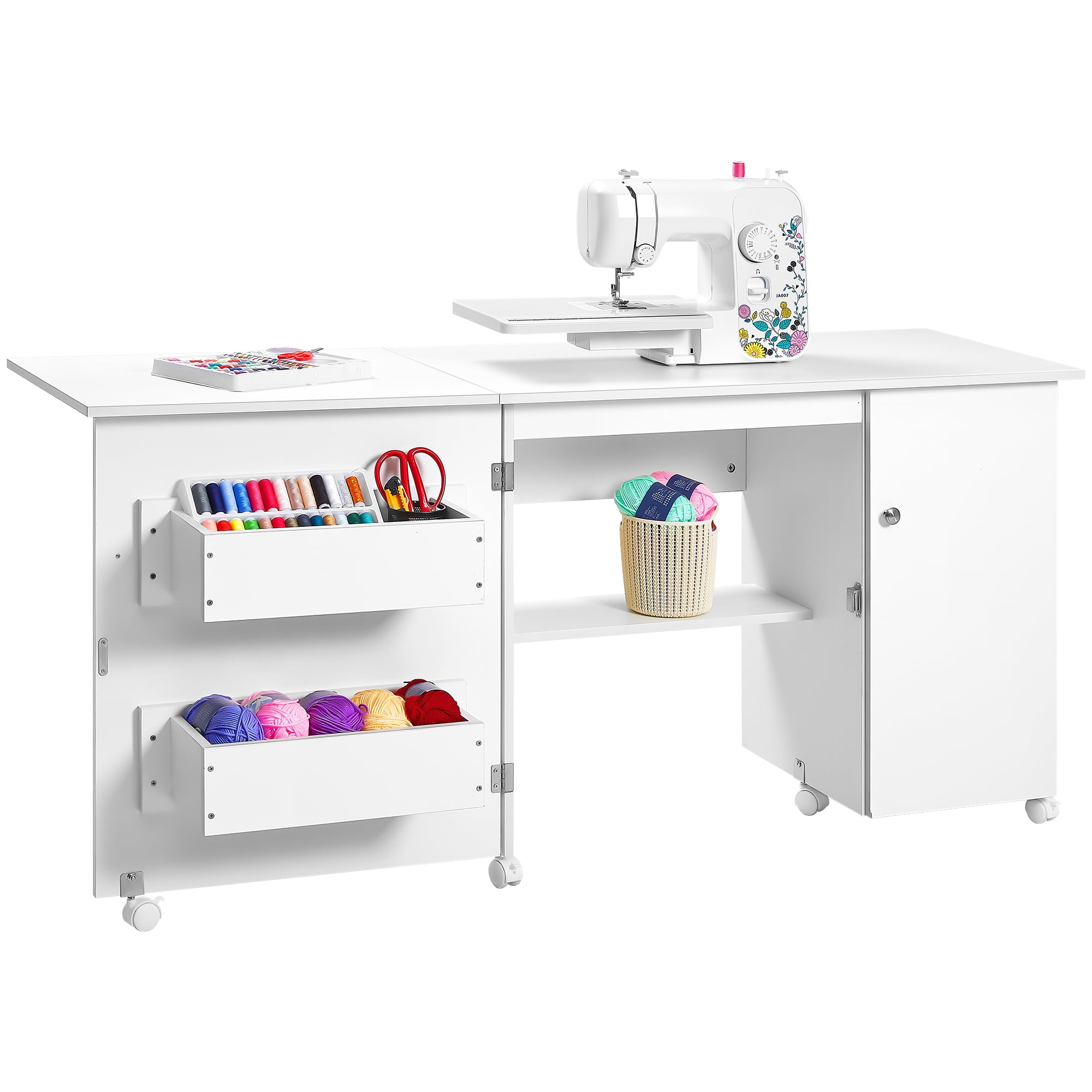 Folding Sewing Craft Table,Sewing Machine Craft Table with Storage Shelves,3 Storage Lattice and Lockable Casters,Compact Modern Style Design White 
