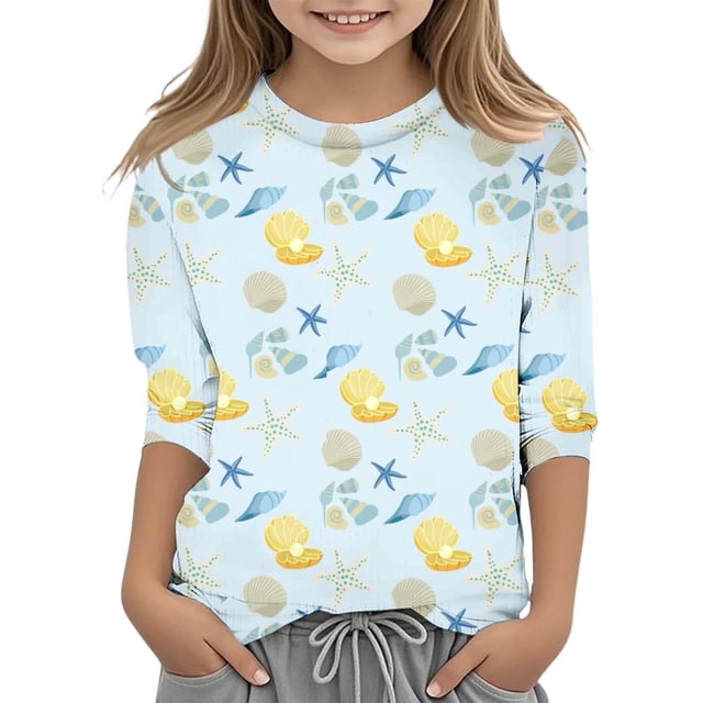 T-shirts d'Automne pour Filles Imprimé Coquillage Manches 3/4 Col Rond Confortable Bleu Clair Hauts d'Automne Décontractés pour Filles de 5-6 Ans