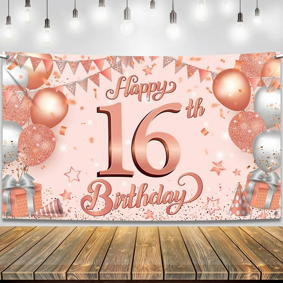 Rose Gold Happy 16th Birthday Banner, 16th Birthday Backdrop, Rose Gold Sweet 16 Birthday Decorations for Girls Sweet Sixteen Backdrop for 16th Birthday Decorations