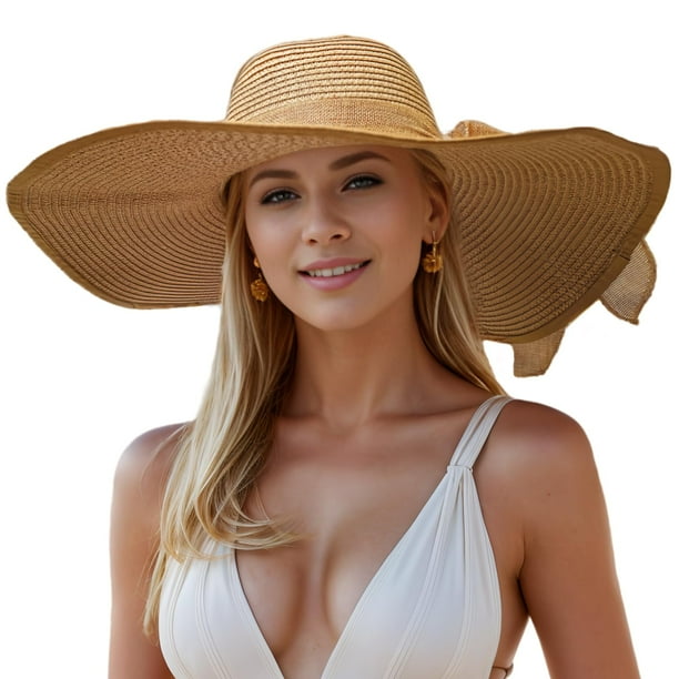 Floppy Big Beach Sombreros de Paja para Mujer Plegable Verano ala Ancha Sombrero para el Sol Plegable Sombrero de Paja de Viaje para Mujer Sombrero Fedora