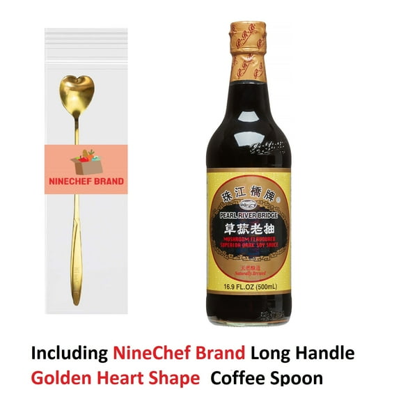 NineChef Bundle - Pearl River Bridge Mushroom Flavored Superior Dark Soy Sauce 16.9Fl Oz Plus NineChef Brand Golden Heart Long Handle Coffee Ice Tea Spoon