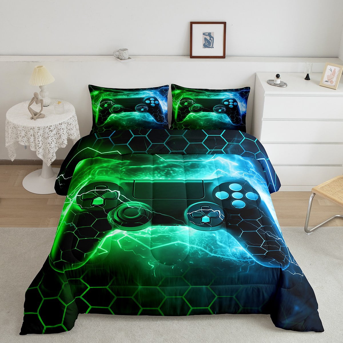 Green Gamer Bedding Set,Honeycomb Gaming Comforter Set Lightning Gamepad Comforter Game Room Decor Duvet Set Decor Quilt Set Bedding Collection