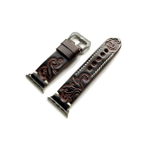 Dark Brown Tooled Embossed Genuine Leather Luxury Band Strap Bracelet with Engraved Buckle Compatible with Apple Watch 38mm 40mm 41mm All Series 9 8 7 SE 6 5 4 3 2 1