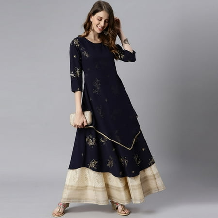 Janasya Indian Round Neck 3/4 Sleeve Floral Print Navy Blue Poly Crepe Kurta For Women