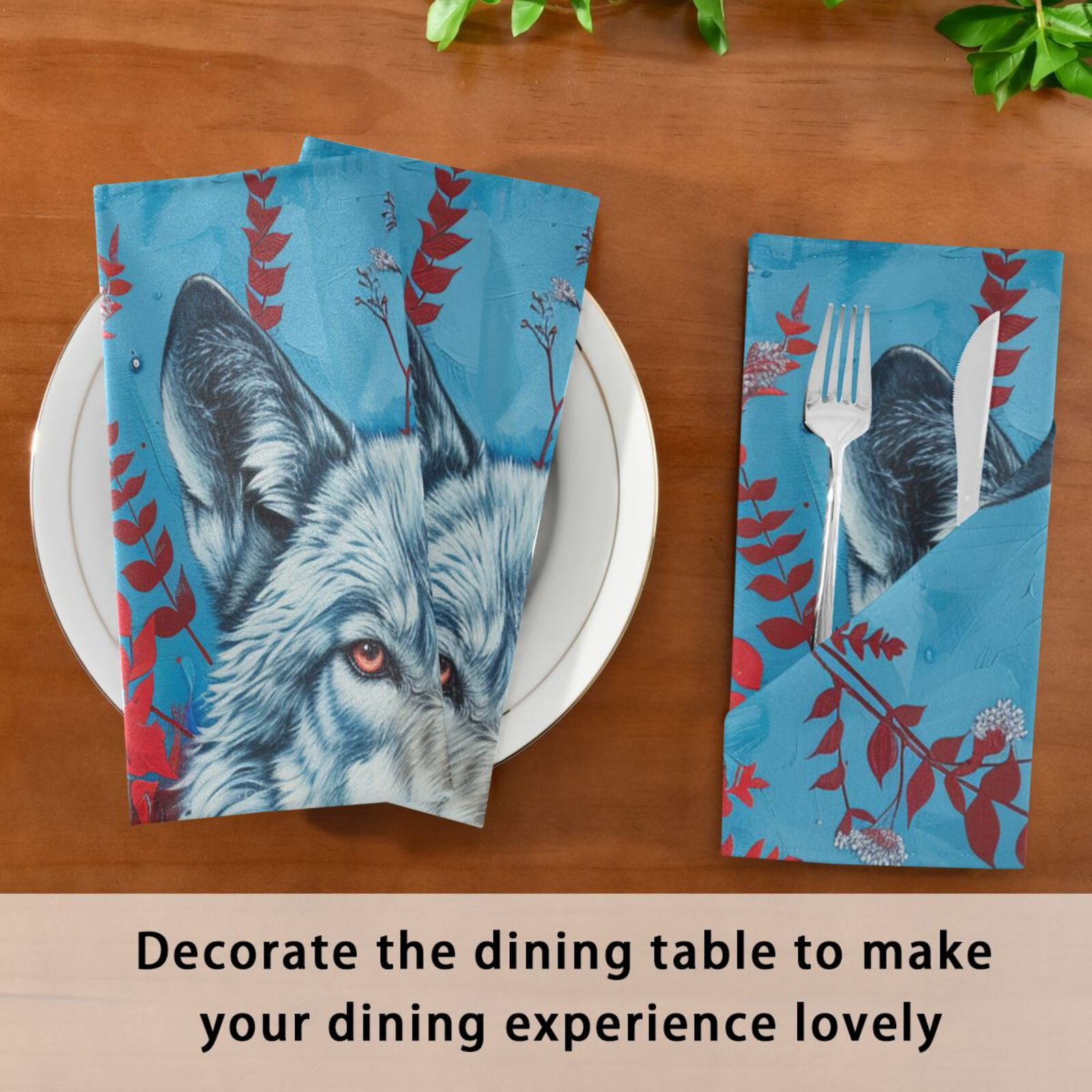 JSTEL Wolf Flower Red Leaf Cloth Napkins Set of 6, 20x20 Inch Washable and Reusable Napkin for Decoupage Dinner Party Everyday Use