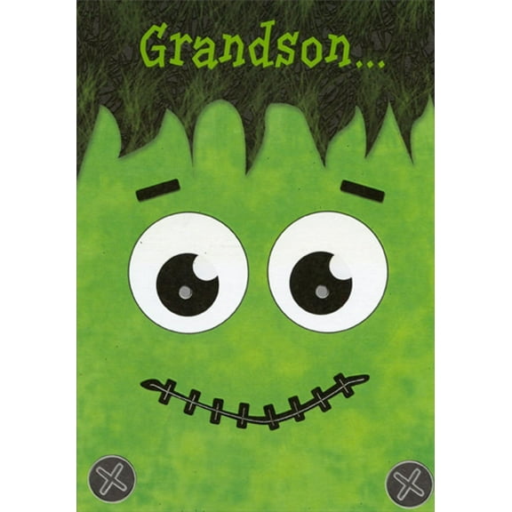 Designer Greetings Cute Frankenstein's Monster Face Closeup Juvenile Halloween Card for Grandson
