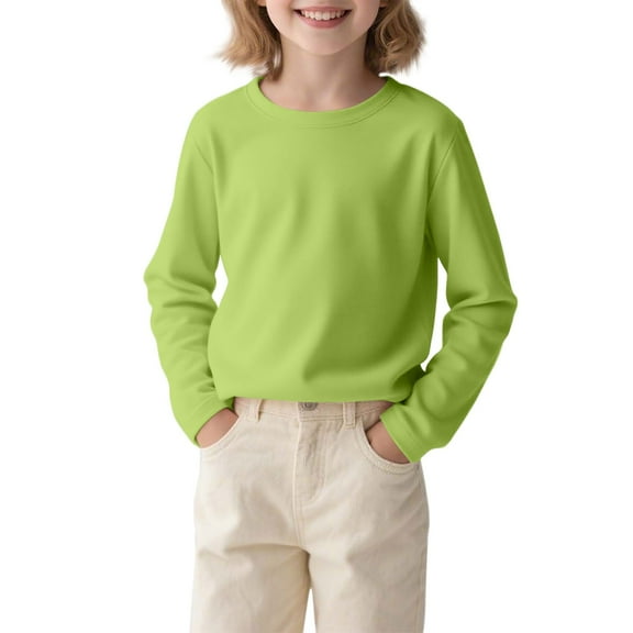 hoksml Kids Long Sleeve Crew Neck Shirt Solid Color Soft Casual Top for School and Everyday Wear