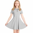 thumbnail image 5 of XRoczxe Girls Short Sleeve Polo Collar Swing Dress Ruffled Button Front Casual School Uniform Dress with Side Pockets Multiple Solid Colors Gray, 5 of 9