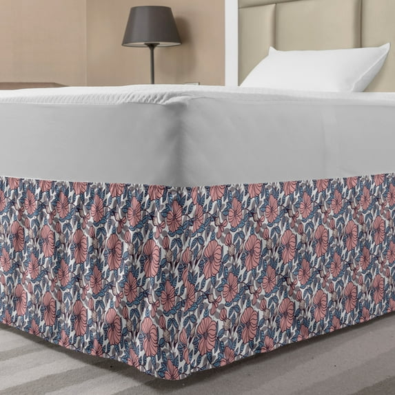 Floral Country Bed Skirt, Cartoon Style Digital Flowers Striped Leaves Branches Garden Art, Elastic Bedskirt Dust Ruffle Wrap Around for Bedding Decor, 4 Sizes, Pale Blue and Blush, by Ambesonne