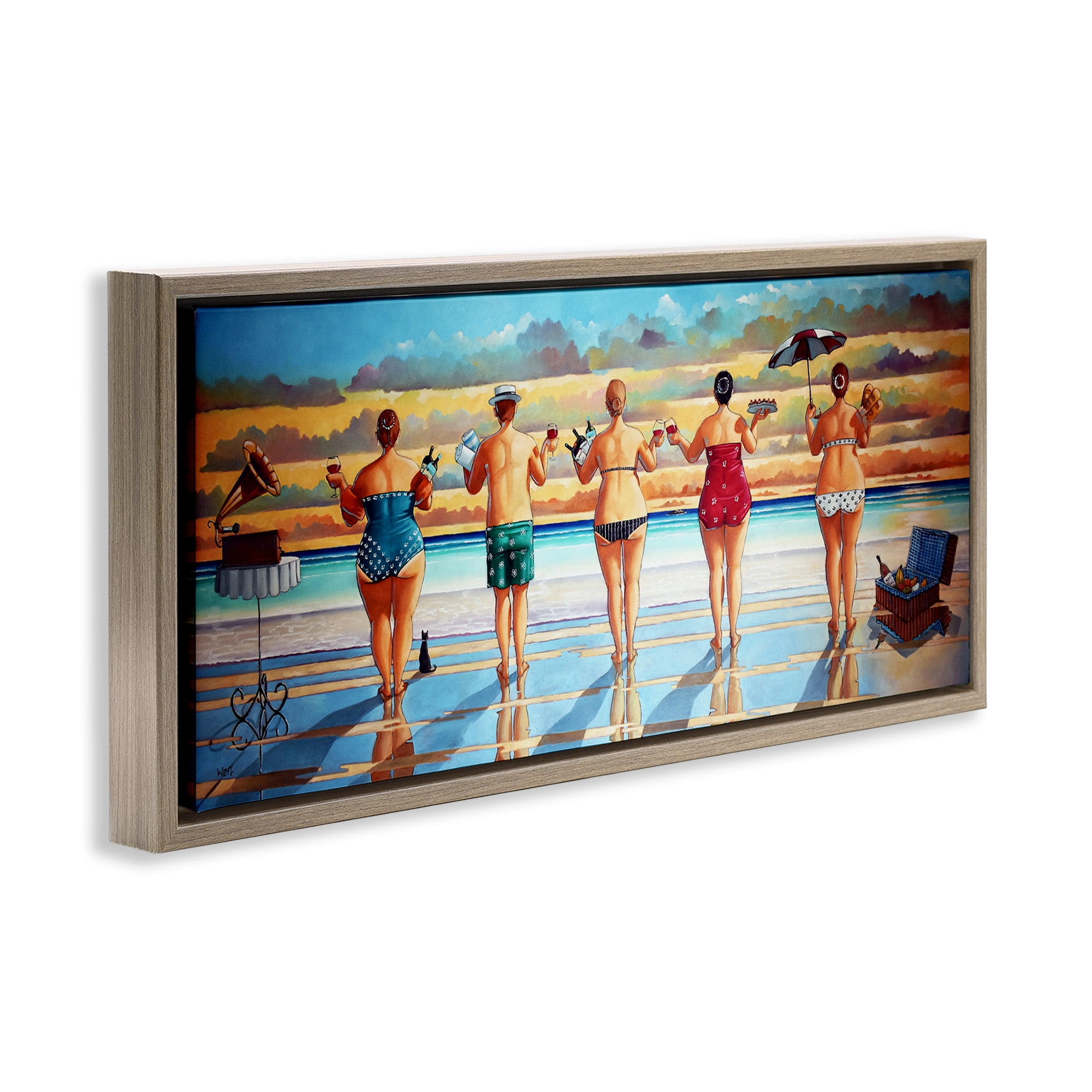 Stupell Industries Beach Friends Coastal Summer Fun Nature Painting Brown Floater Framed Canvas Art Print Wall Art, 31 x 14