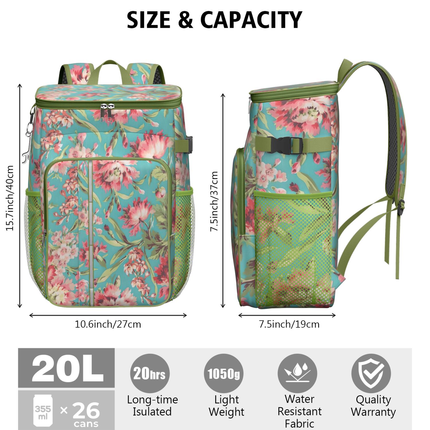 Travel Cooler Bag - Pioneer Flower Floral Print Pattern Camping Beer Cooler Backpack with Bottle Opener- Waterproof Insulated Picnic Backpacks - Cooler Bag for Beach