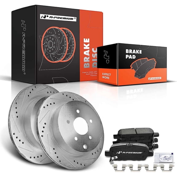 A-Premium Rear Drilled and Slotted Disc Brake Rotors   Ceramic Pads Kit Compatible with Select Infiniti and Nissan Models - FX35, Q50, QX70, JX35, M35H, M37, Murano, QX60, Pathfinder, Quest