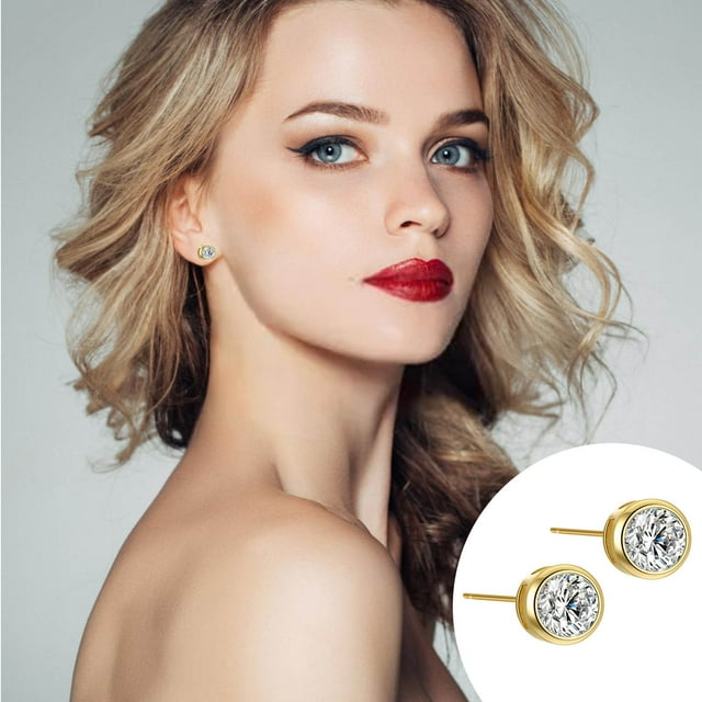 WILLBEST Aretes Pequeños Para Mujer 1 Pendientes De Oro Para Mujer Con Incrustaciones De Circonitas Redondas Chapadas En Oro, Joyería Unisex De Plata