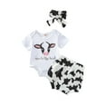 thumbnail image 1 of xiaxaixu Letter  Cow Pattern Short Sleeve Romper + Shorts + Headband, 1 of 9