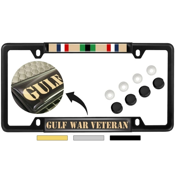 Gulf War Veteran - Domed Custom-Made Personalized Narrow (Thin) Top 4 Hole Metal Car License Plate Frame with Free caps - Black (Quantity: 1 Frame)