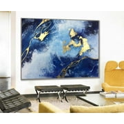 40x60" Abstract Oil Painting Canvas Marble Wall Art Navy Blue Artwork Contemporary Art Gold Leaf Art Luxury Painting