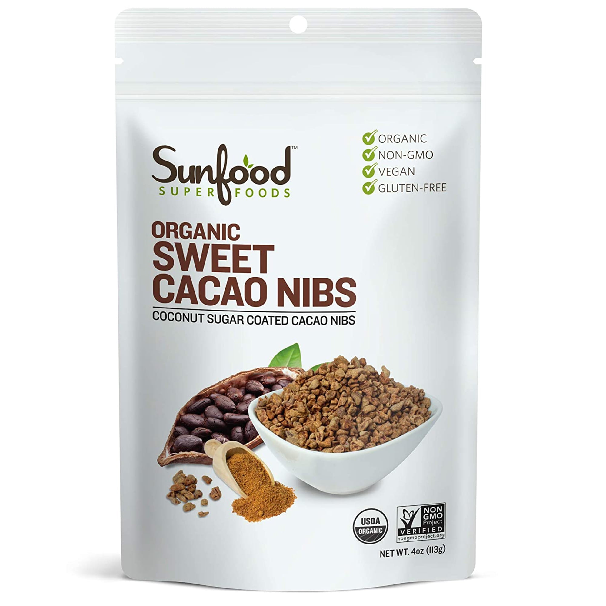 Sunfood Superfoods Organic Sweet Cacao Nibs Coated with Coconut Sugar