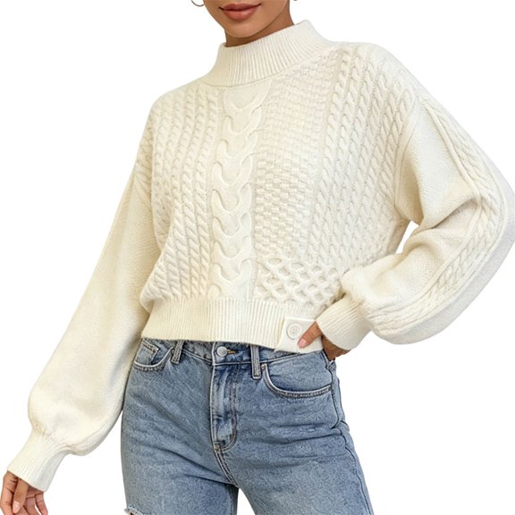 Women's Mock Neck Cable Knit Sweater, Long Sleeve Cropped Pullover, Loose Button Detail Knitted Jumper, Warm Casual Tops for Fall Winter Daily Wear White One Size