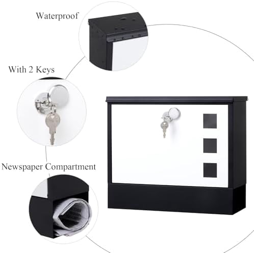 Locking Mailbox Wall Mounted Vertical–  mailboxes with Key Lock and Newspaper Compartment, Key Lock Drop Box Large Capacity, 14.3 x 3.8 x 11.8 Inch, White，SM-HPB911WN