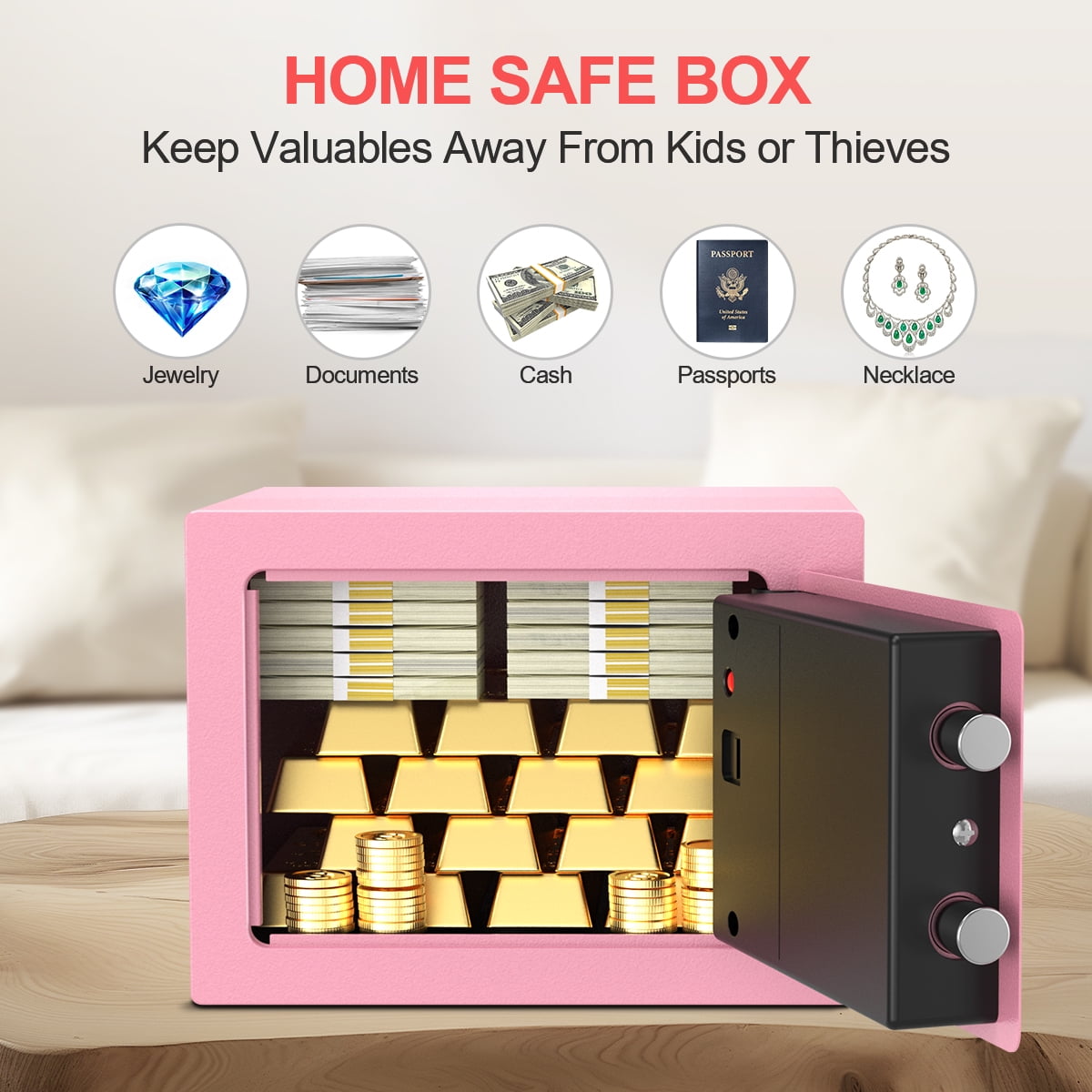 TNTANTS Electronic Digital Safe Box, 0.25 Cubic Feet Home Security Box for Office Hotel Business, Lock Box with Key Keypad for Cash Jewelry Pink