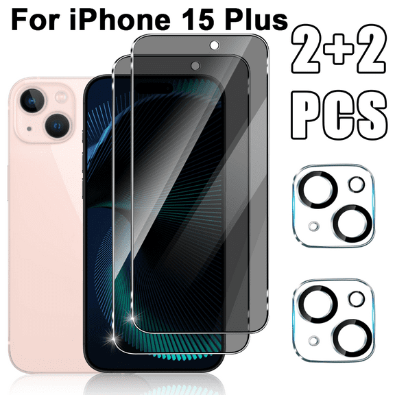 2 2 Pack Privacy Screen Protector with Camera Lens Protector for iPhone 15 Plus [6.7 Inch], Full Coverage Anti-Spy Tempered Glass Film, 9H Hardness, Bubble-Free Easy Installation