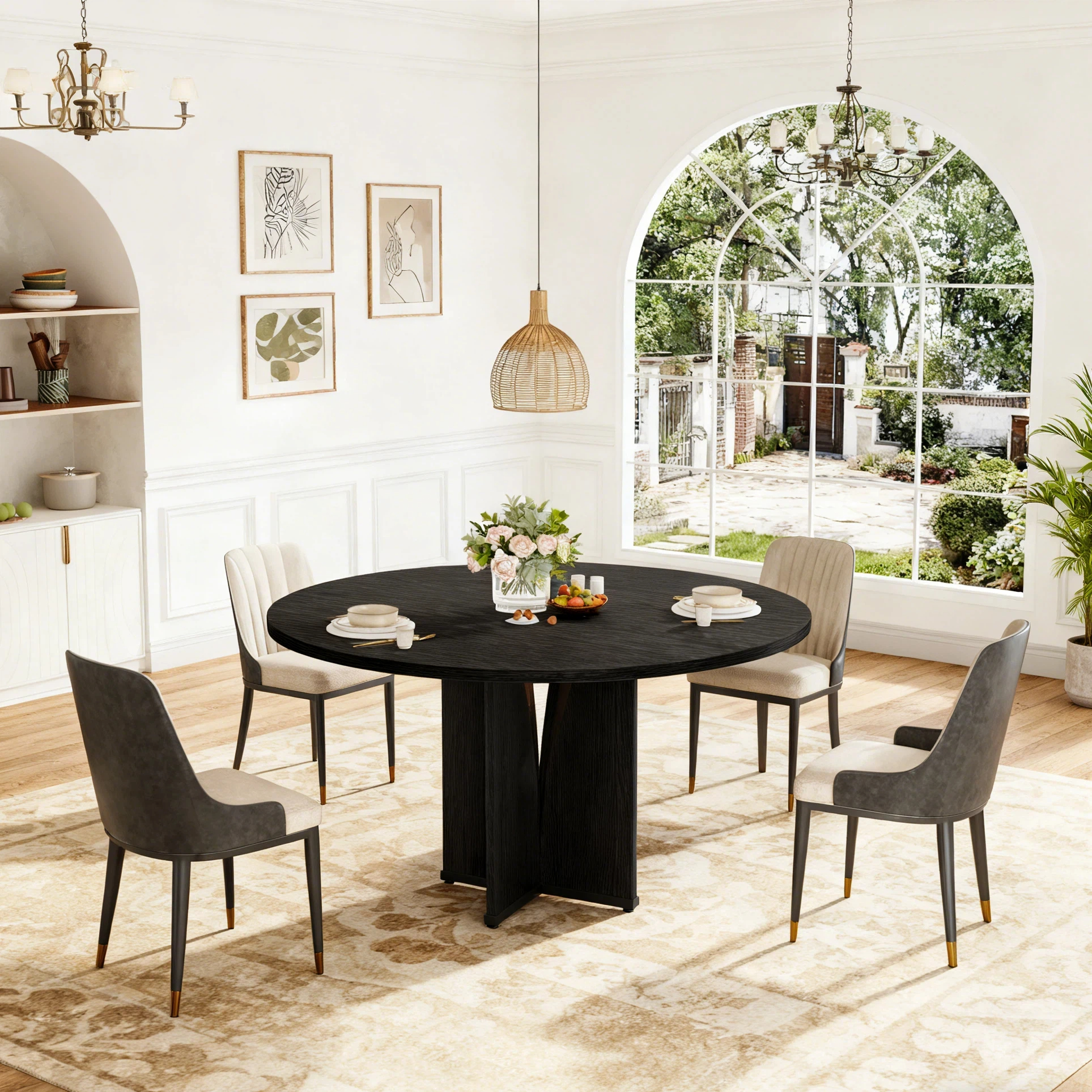 Fnova 39.37" Modern Round Dining Table for 4 with Wood Tabletop, Kitchen Table for Dining Room, Black