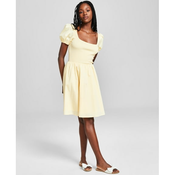 Women's Puff-Sleeve Mixed Media Dress Sunlit Yellow S