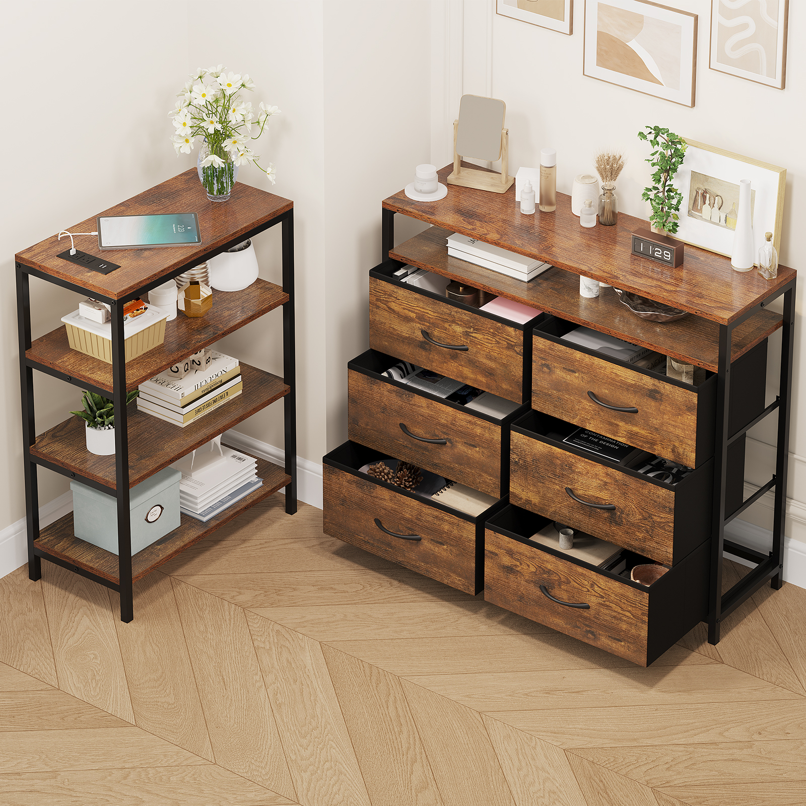 TV Stand Dresser with Charging Station and LED Lights, for 60 Inch TV, Changable L Shape TV Console with Open Shelf, 53.5 Inches Wide Brown Dresser for Bedroom