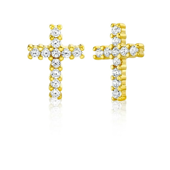 Metal Masters 925 Sterling Silver Cross Stud Earrings Goldtone Round Cz Cubic Zirconia