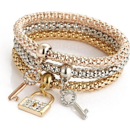 - 3pcs Charm Women Bracelet Gold Silver Rose Gold Rhinestone Bangle Jewelry Set