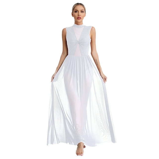 RUNQHUI Robe de Danse Lyrique Longue pour Femme, Superposition Torsadée, Danse Moderne Contemporaine, Blanche, TG