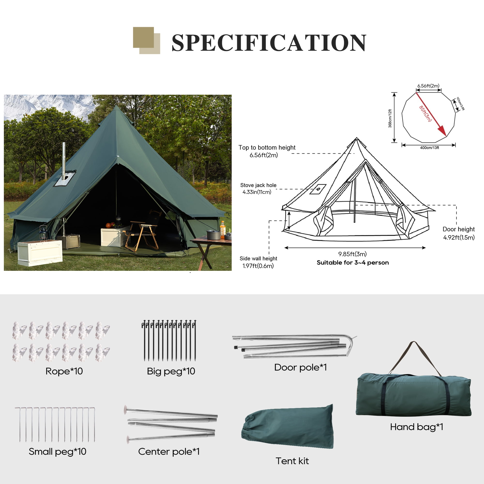 LVUYOYO 4 Person Camping Bell Tent with Stove Jack