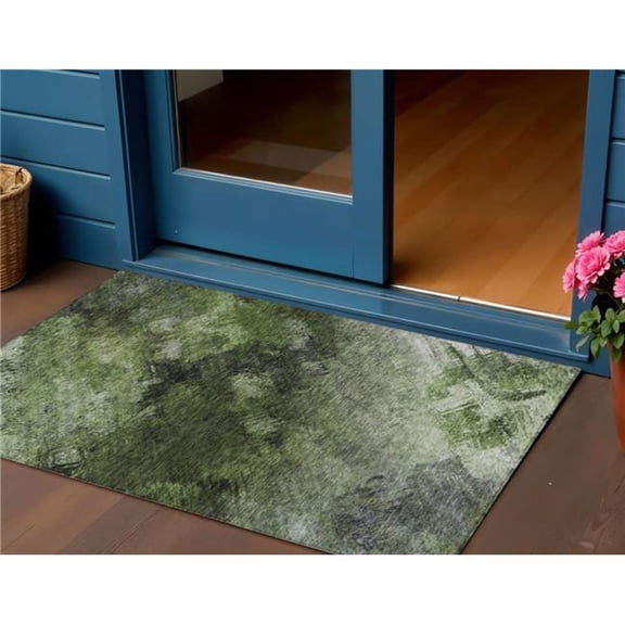 HomeRoots 577505 3 x 5 ft. Abstract Washable Indoor & Outdoor Rectangle Area Rug, Green & Ivory